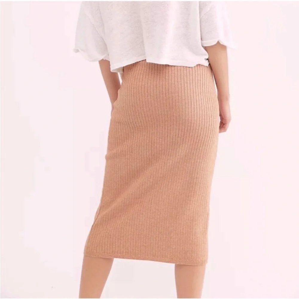 Free People Skyline Camel Ribbed Knit Midi Pencil Skirt Front Slit Size S